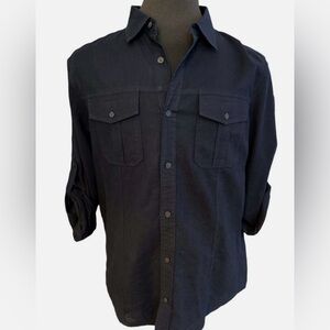 Michael Kors Men's Dark Blue Linen Blend Casual Button Down Shirt